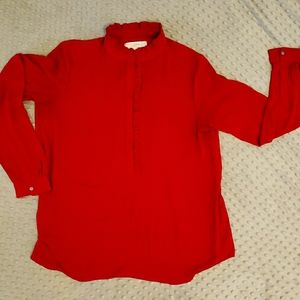 LOFT Ruffle Henley, Flowy Blouse, Red, Small